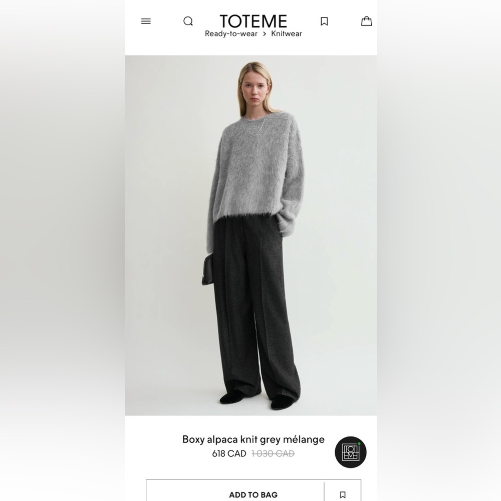 Toteme Gray Alpaca Boxy Wool Sweater Medium M RARE Soft Luxury